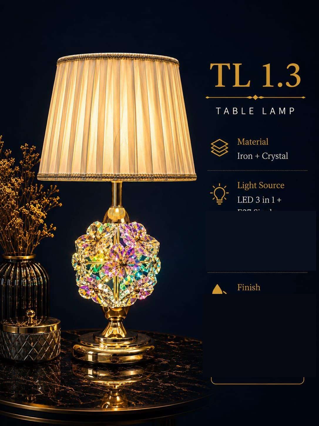 Iridescent Crystal Flower-ball Table Lamp with Pleated Shade