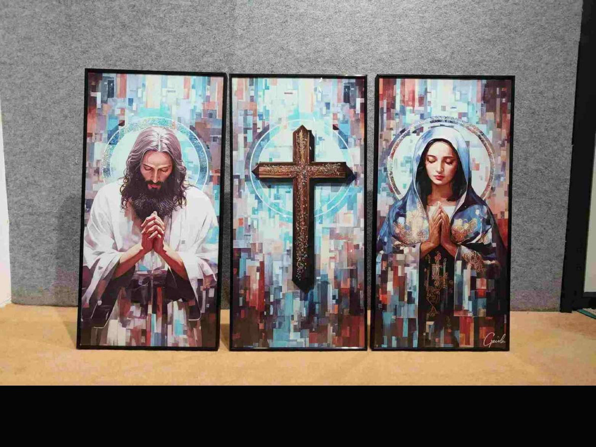Jesus, Cross and Mother Mary Mosaic-style Crystal Set of 3