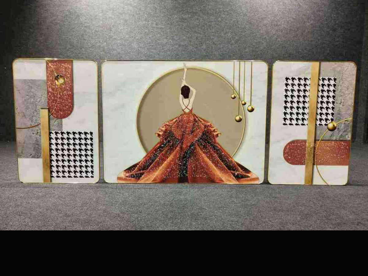 Lady in Red Gown with Houndstooth Panels Crystal Set of 3