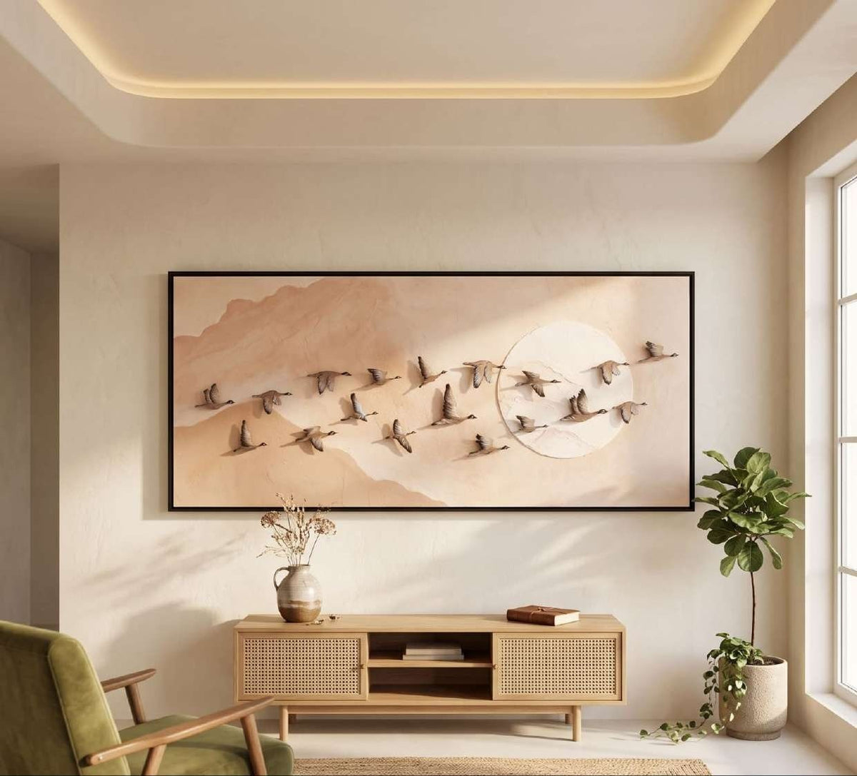Large Framed Panel with 3D Flying Birds on Peach Landscape – product photo of the full set