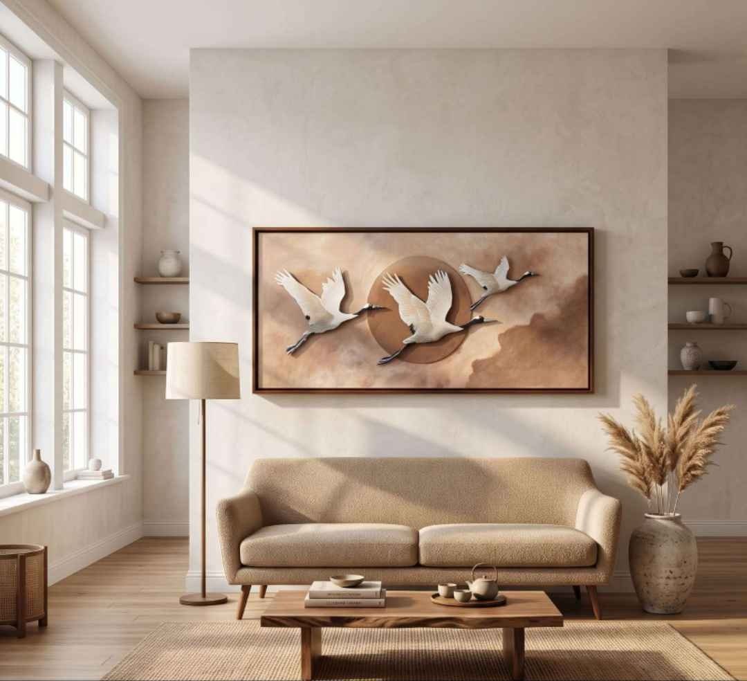 Large Framed Panel with Three 3D White Cranes and Sun – product photo of the full set
