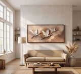 Large Framed Panel with Three 3D White Cranes and Sun Wall Art