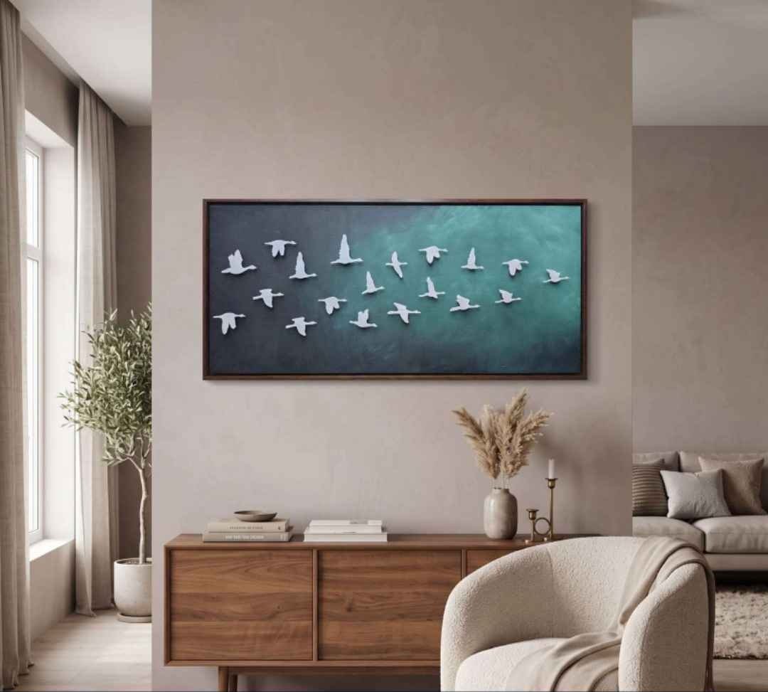 Large Framed Teal Panel with White 3D Flying Birds – product photo of the full set