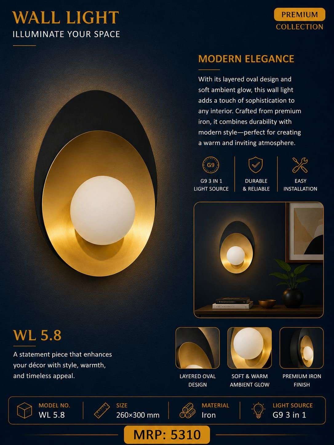 Layered Black & Gold Oval Wall Light with Globe