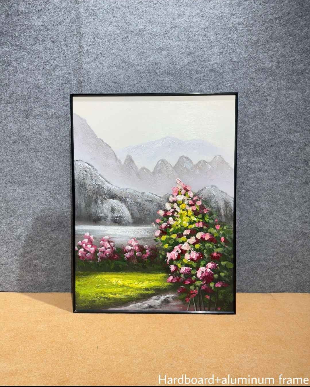 Misty Mountains with Pink Flower Bushes Wall Art – close-up product photo