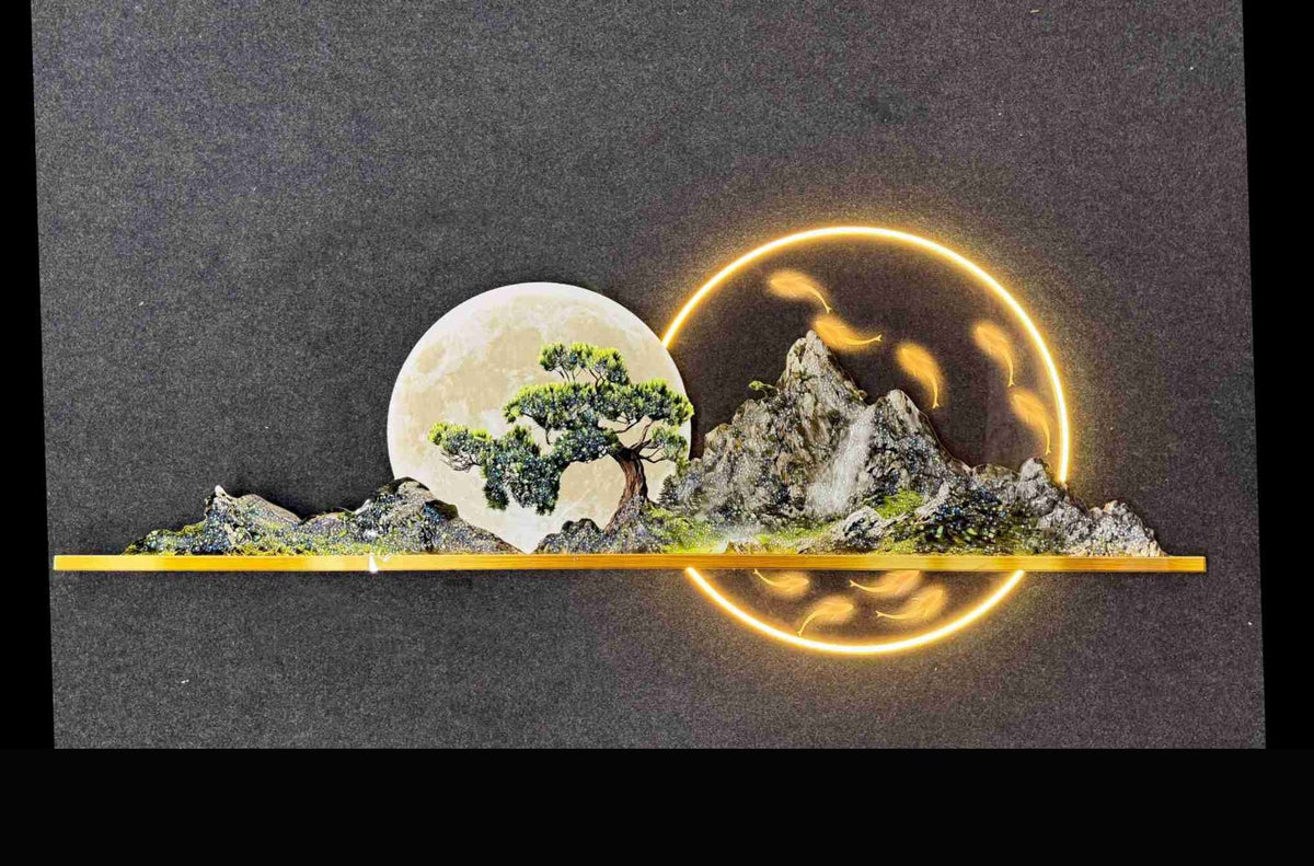Moon, Bonsai and Mountain with LED Ring Wall Decor