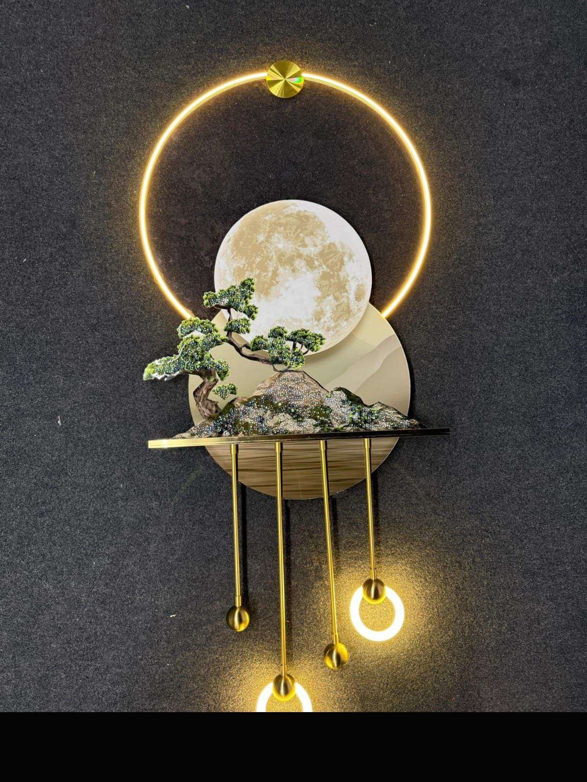 Moon Ring with Bonsai and Hanging Lit Rings Wall Decor