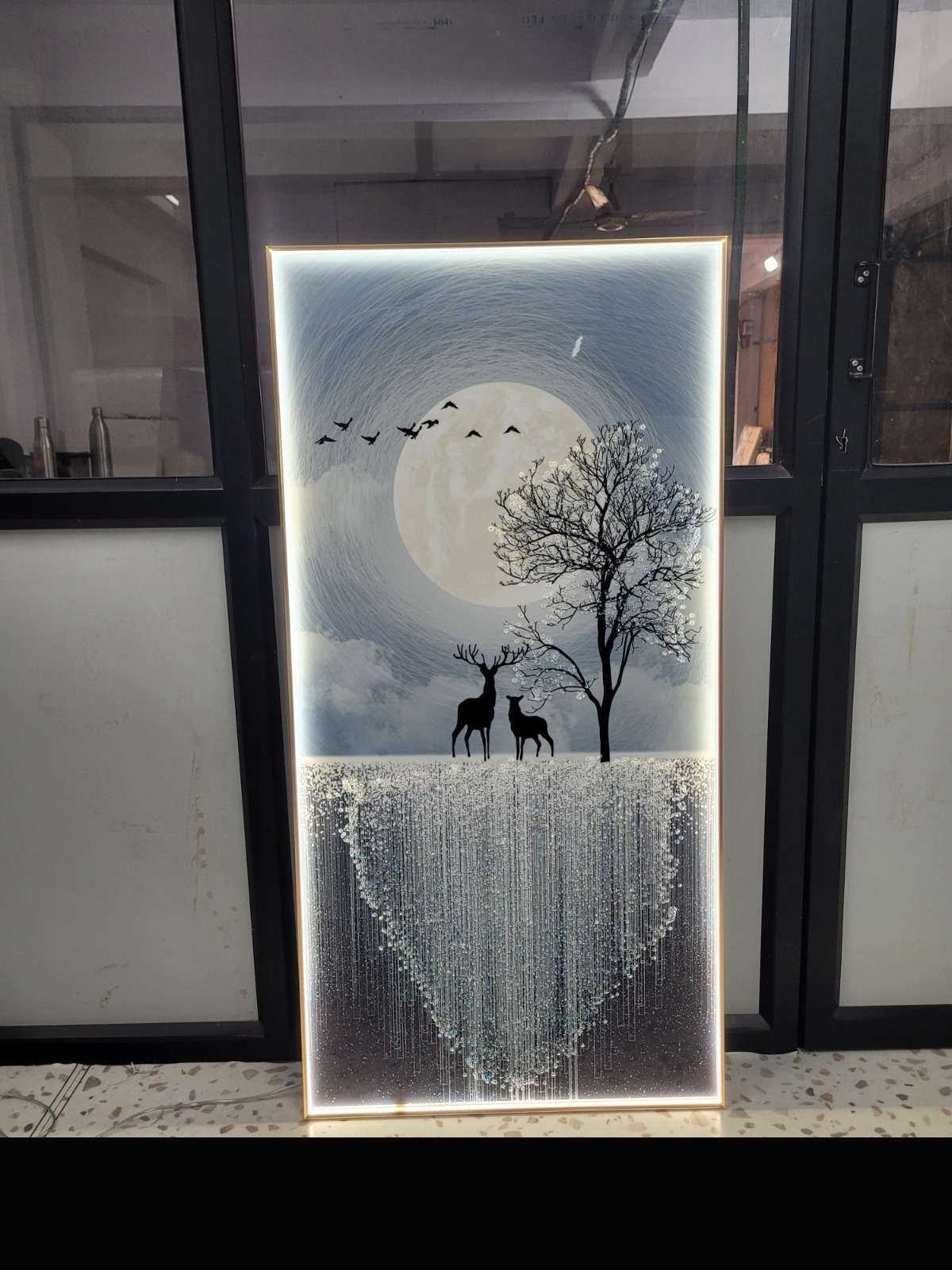 Moonlit Deer and Tree with Crystal Waterfall LED Art
