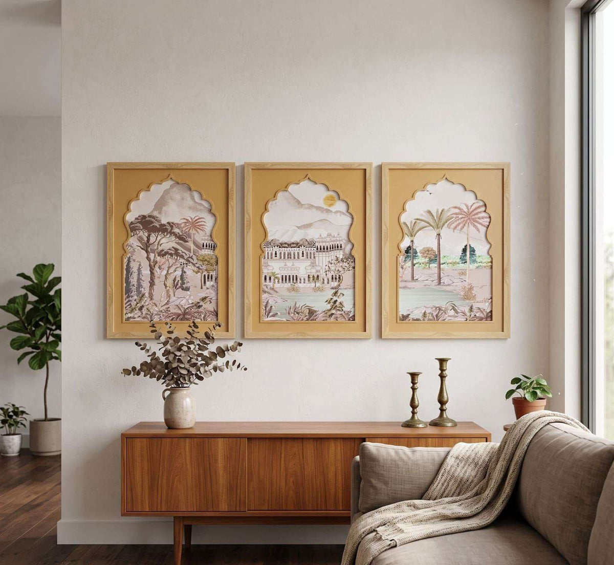 Mustard-framed Pastel Arch Landscape Paintings – product photo of the full set