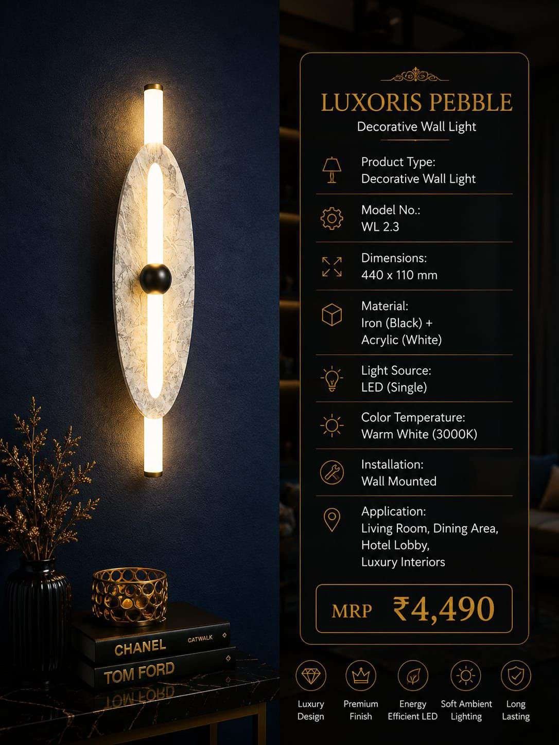 Oval Acrylic Wall Light with Twin LED Bars – Black