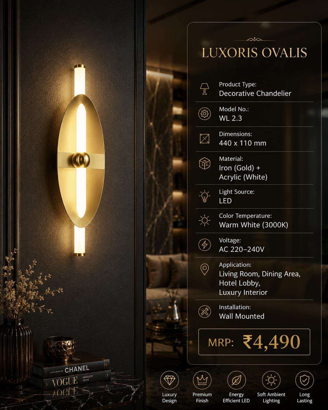 Oval Acrylic Wall Light with Twin LED Bars – Gold