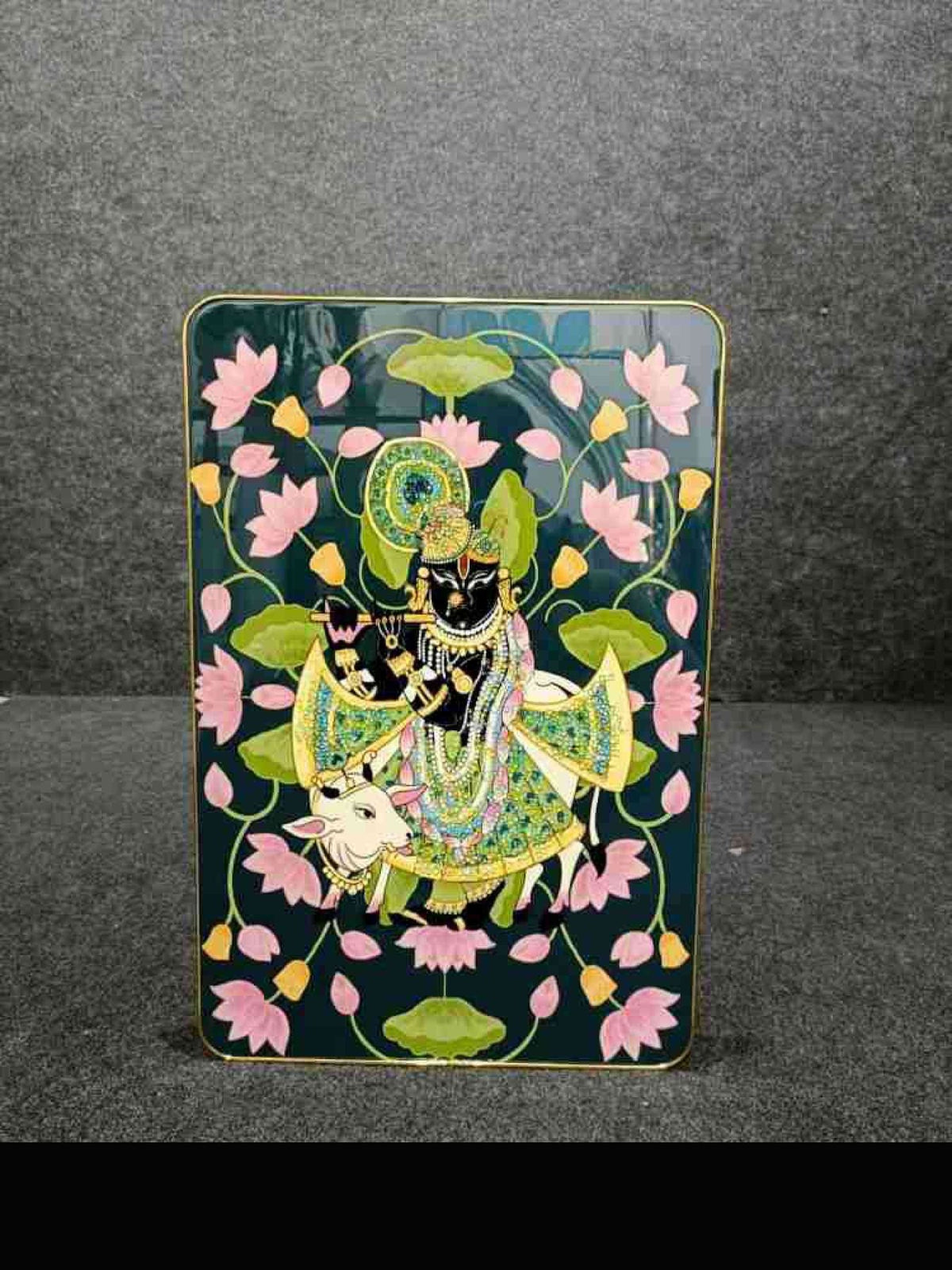 Pichwai Shrinathji with Lotus and Cow Crystal Wall Art