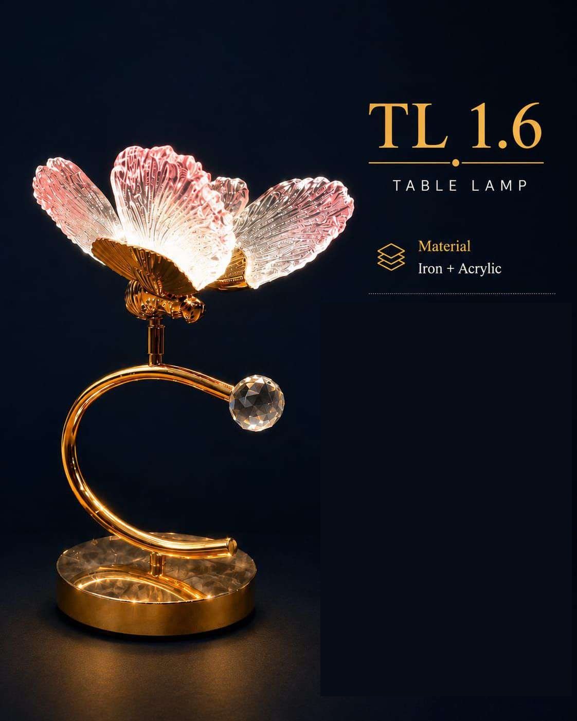 Pink Acrylic Butterfly Table Lamp on Golden C-curve Stand