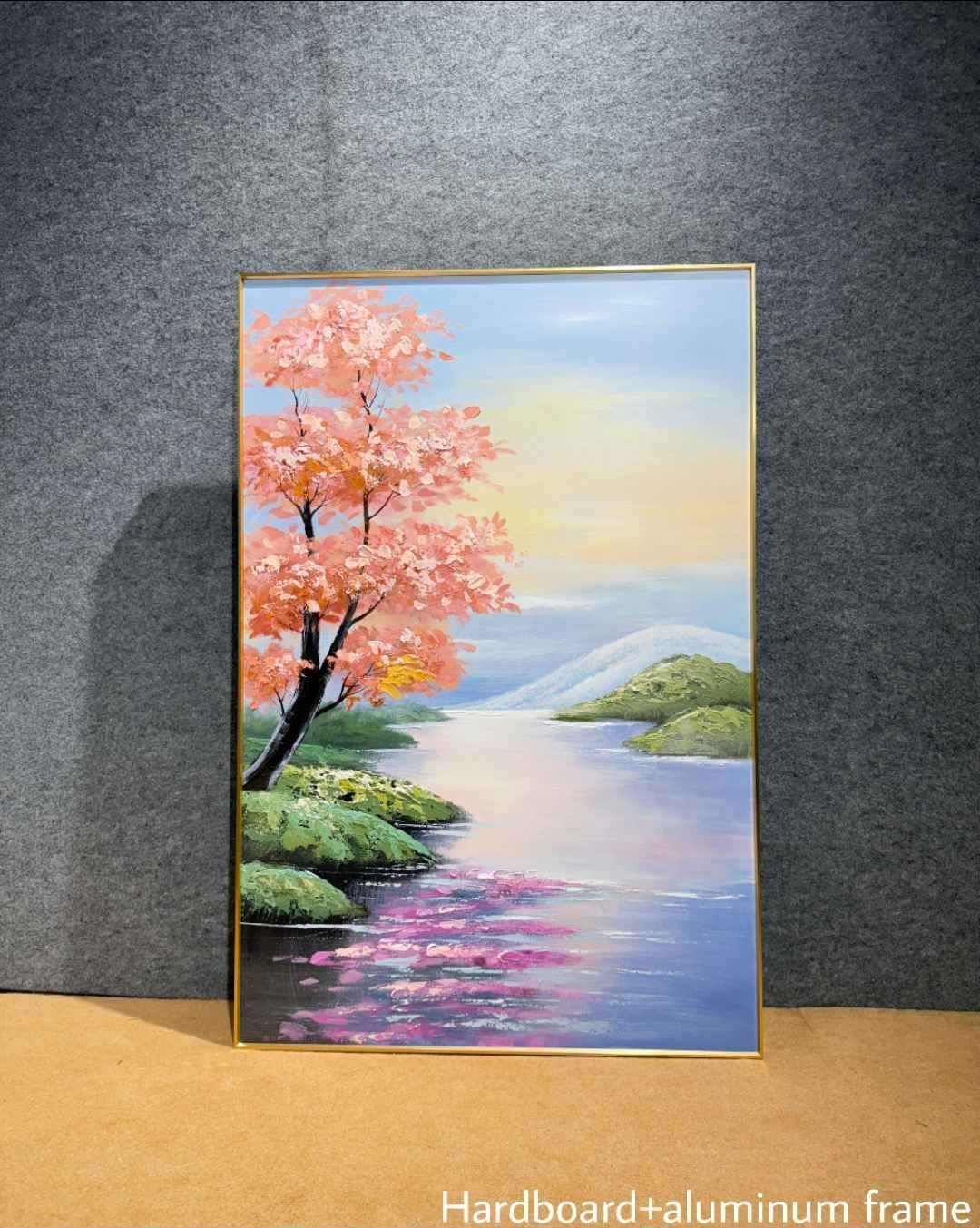 Pink Blossom Tree by Lake Landscape Wall Art – close-up product photo