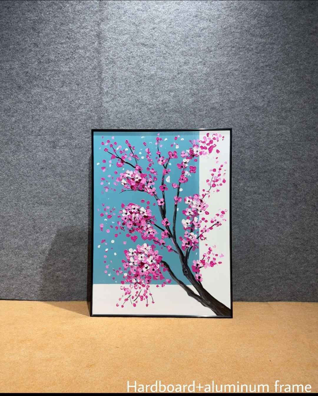 Pink Cherry Blossom Branch on Turquoise Wall Art – close-up product photo