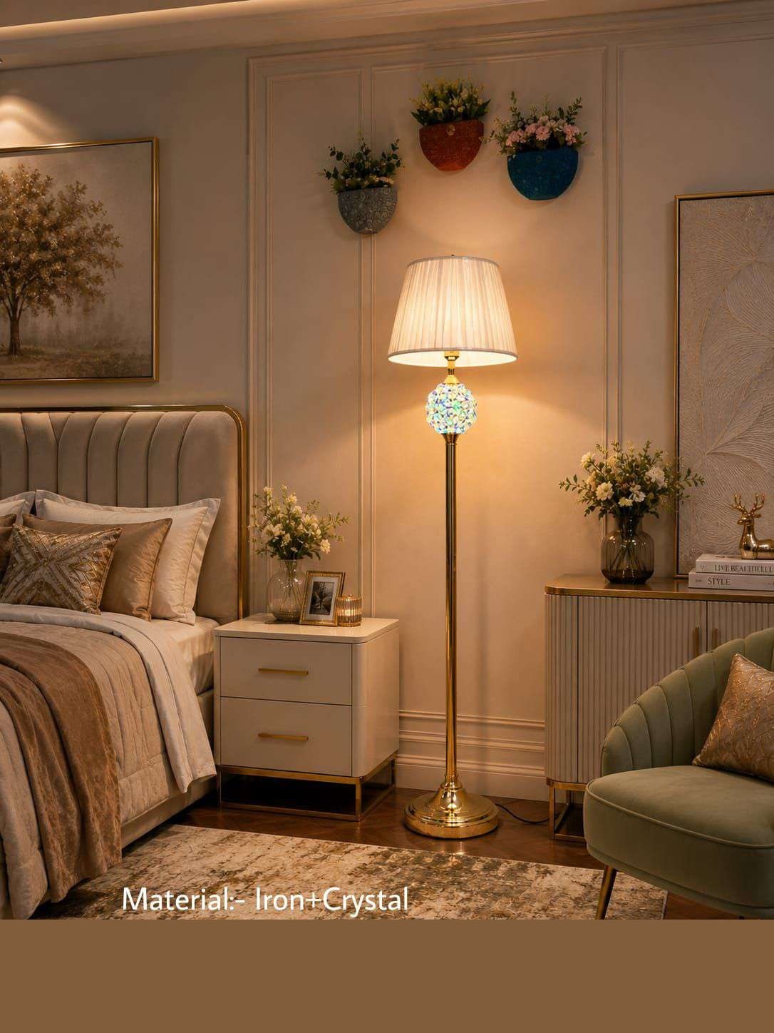 Pleated Shade Floor Lamp with Iridescent Crystal Ball on Gold Stand