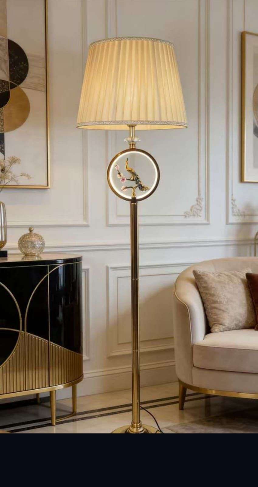 Pleated Shade Floor Lamp with LED Ring Peacock Motif on Gold Stand