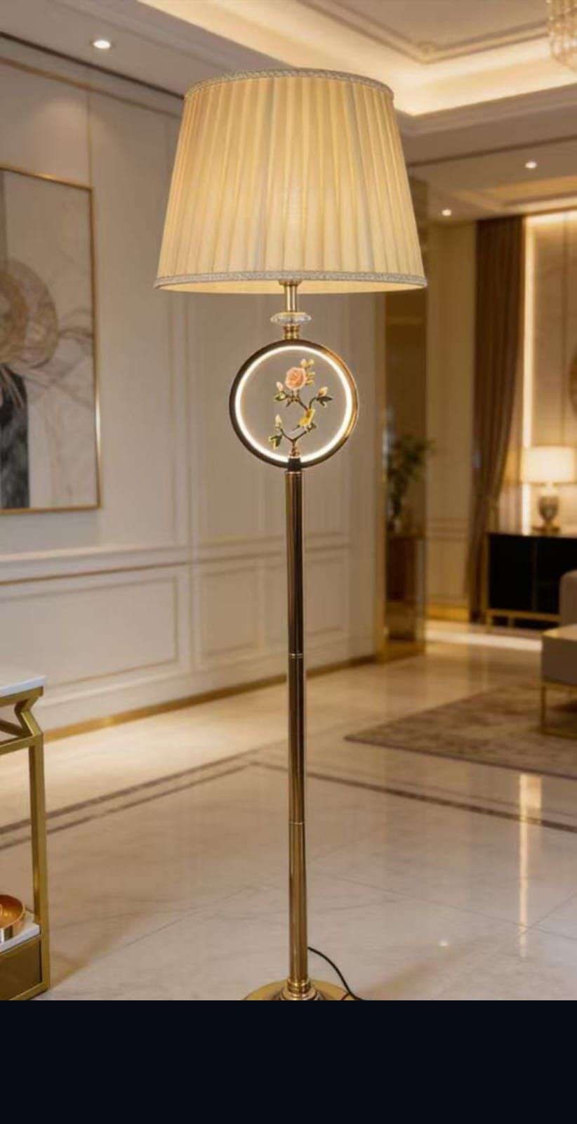 Pleated Shade Floor Lamp with LED Ring Rose-blossom Motif on Gold Stand