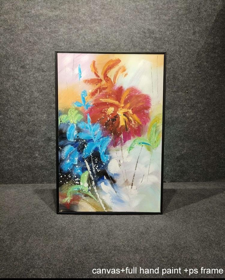 Red & Blue Abstract Flowers Painting – close-up product photo