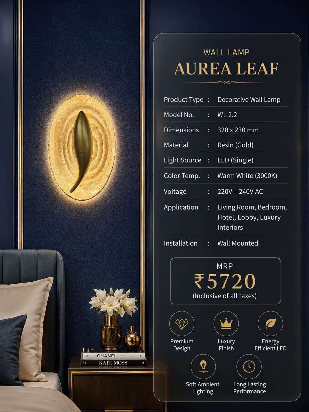 Resin Oval Wall Lamp with Leaf Accent – Gold