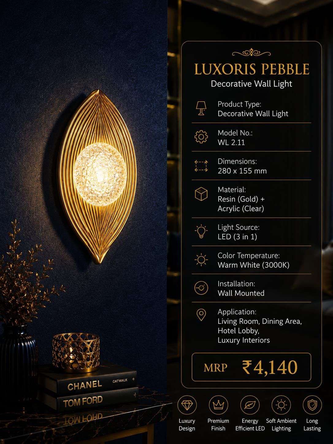 Ribbed Leaf Wall Light with Crystal Orb – Gold