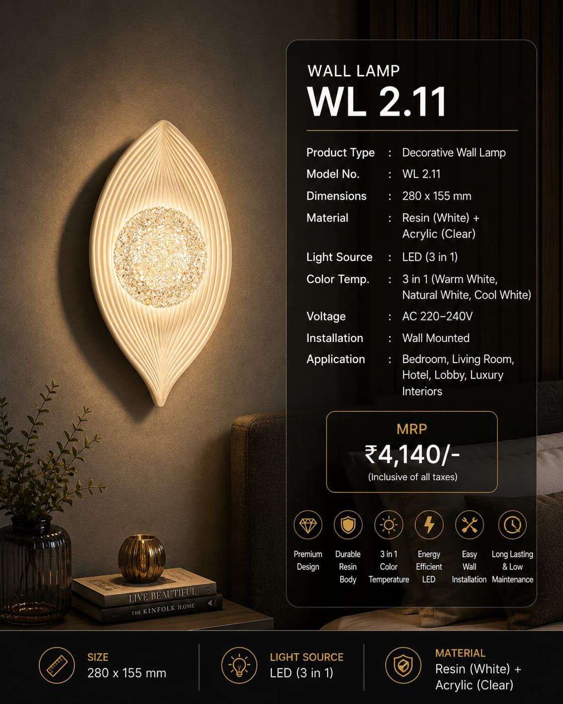 Ribbed Leaf Wall Light with Crystal Orb – White