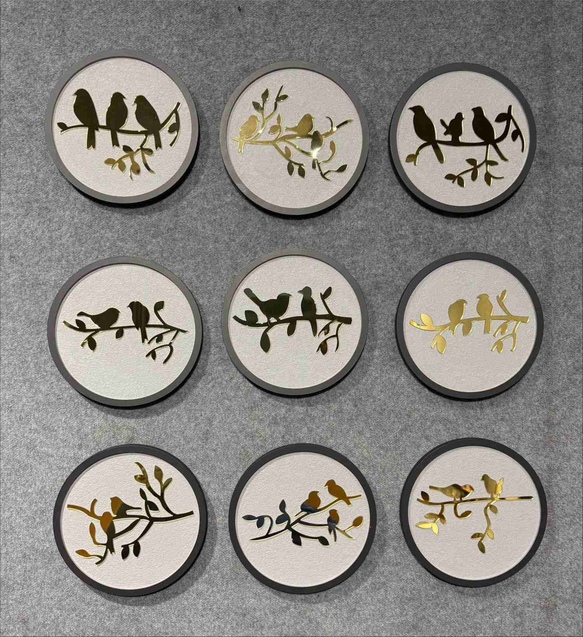 Round Bird-on-branch Wall Discs – Grey rim – product photo of the full set