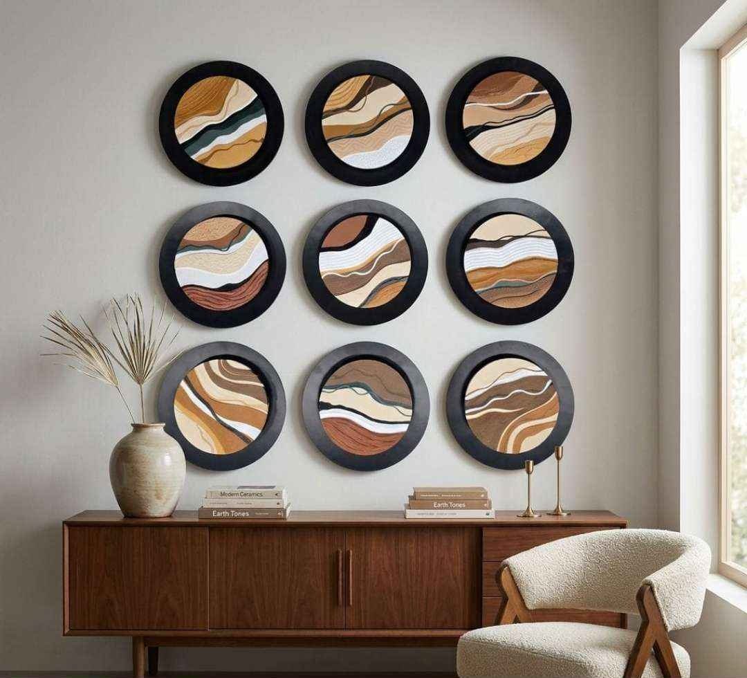 Round Black-rim Wall Art with Layered Earth-tone Waves – product photo of the full set
