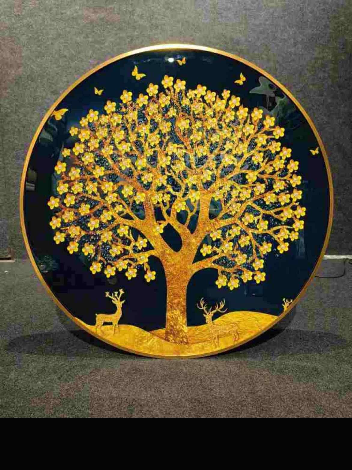 Round Golden Blossom Tree on Navy Crystal Wall Art