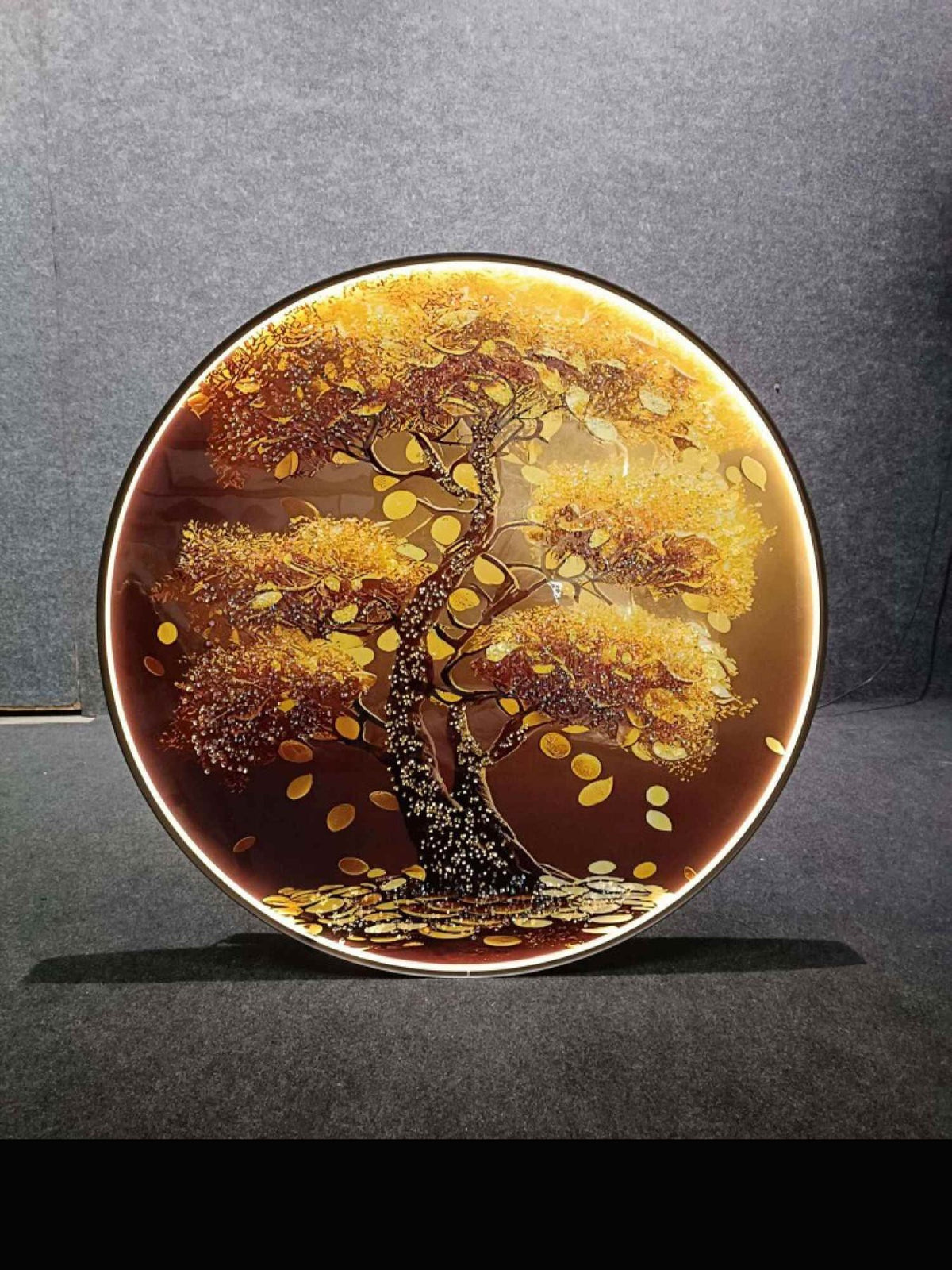 Round Golden Money Tree LED Crystal Art