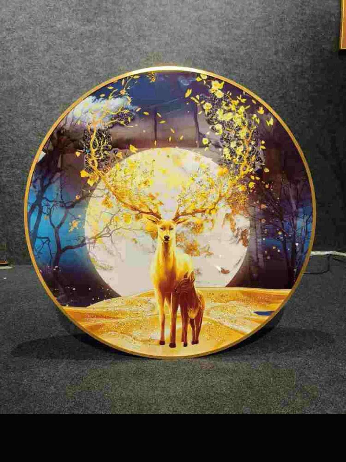 Round Golden Stag with Full Moon Crystal Wall Art
