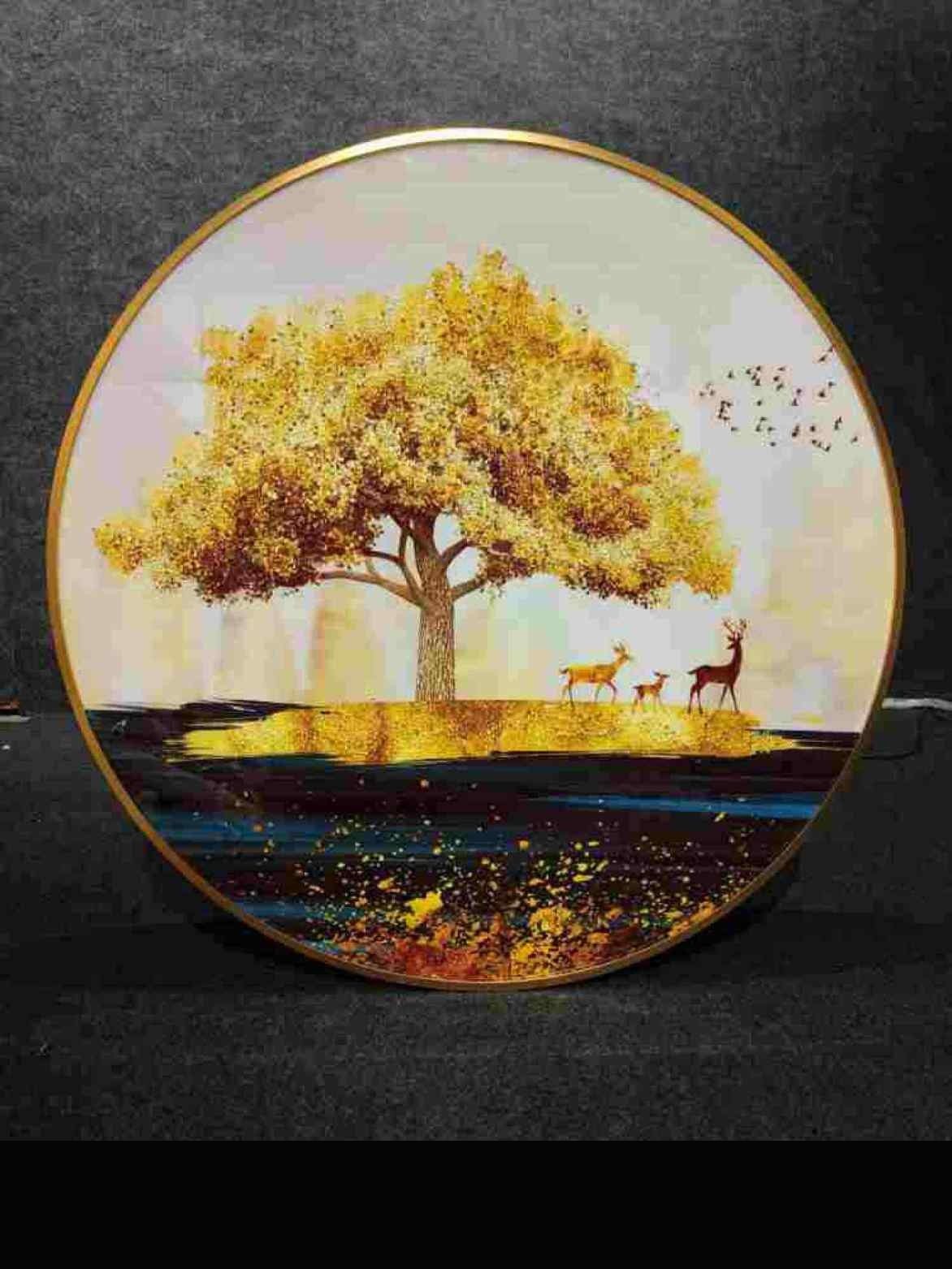 Round Golden Tree with Deer Crystal Wall Art