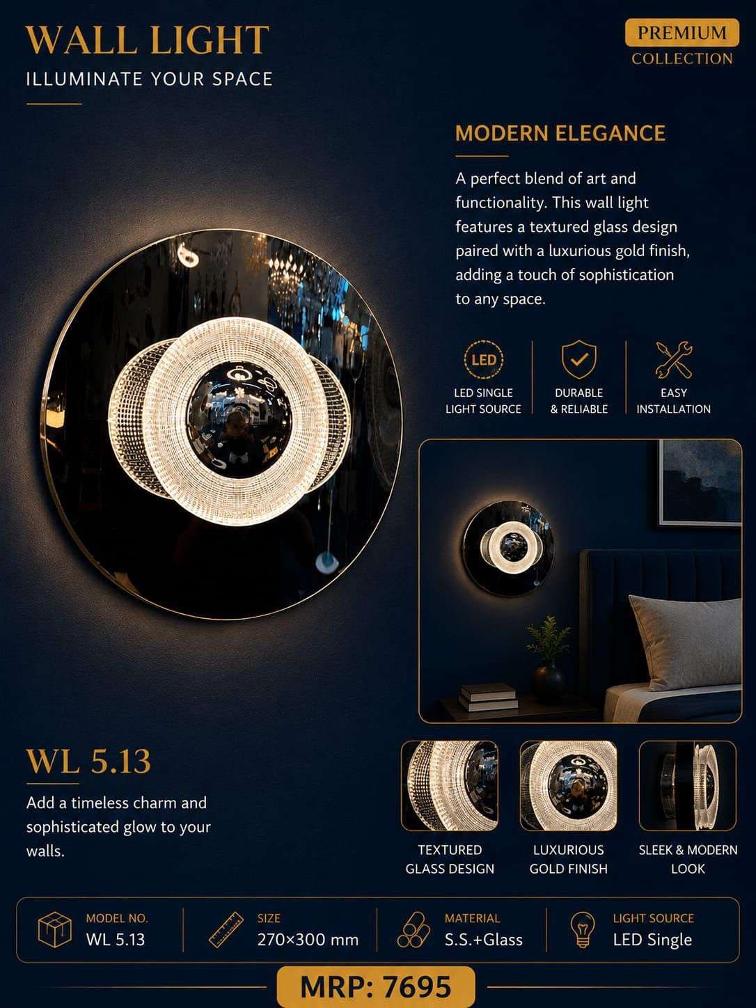 Round Mirror Wall Light with Crystal Ring – Black