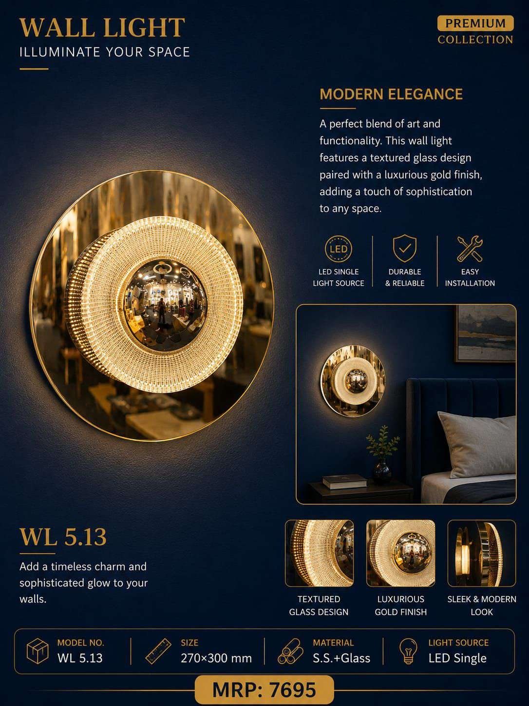 Round Mirror Wall Light with Crystal Ring – Gold