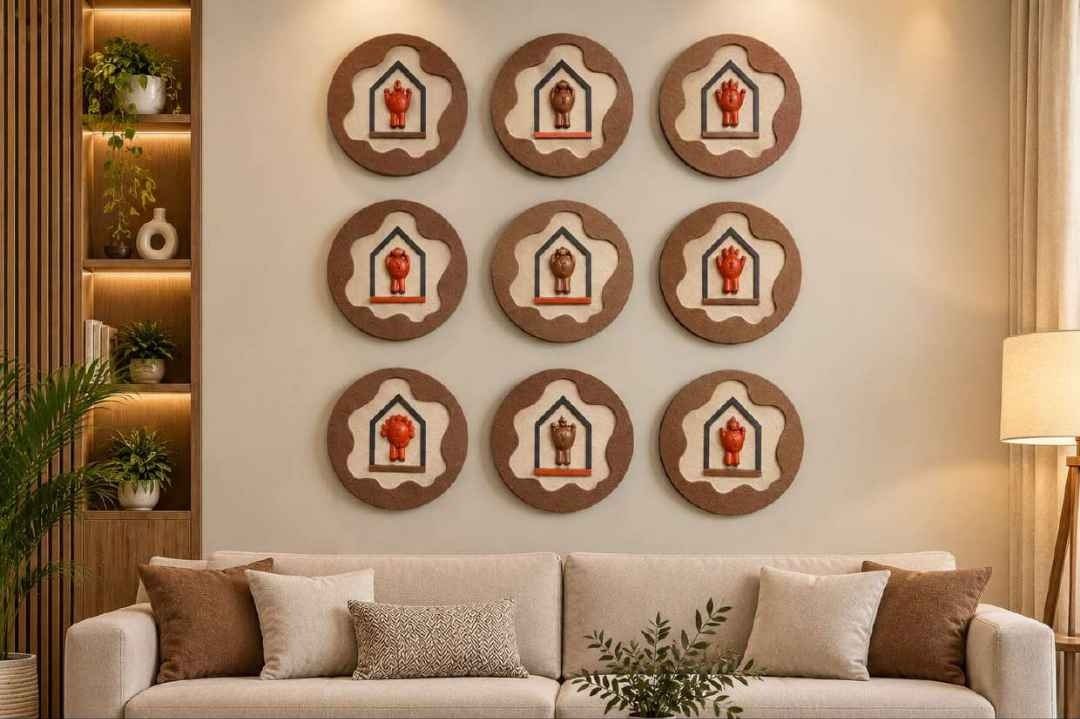 Round Scalloped Brown Discs with House Motif & Red Figurine – product photo of the full set