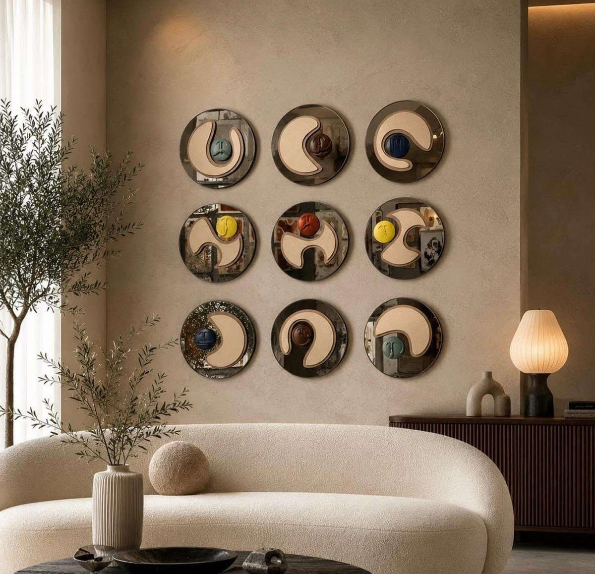 Round Smoked-mirror Discs with Beige Shapes & Small Masks – product photo of the full set
