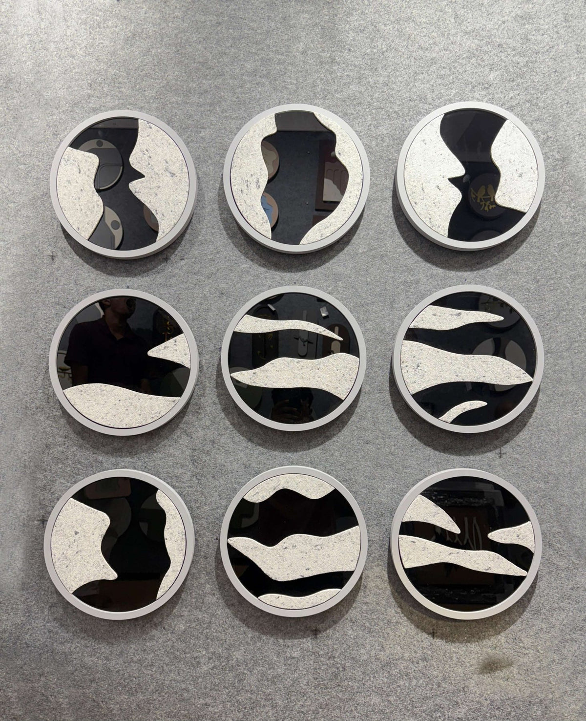 Round Speckled Discs with Black Mirror Organic Shapes – product photo of the full set