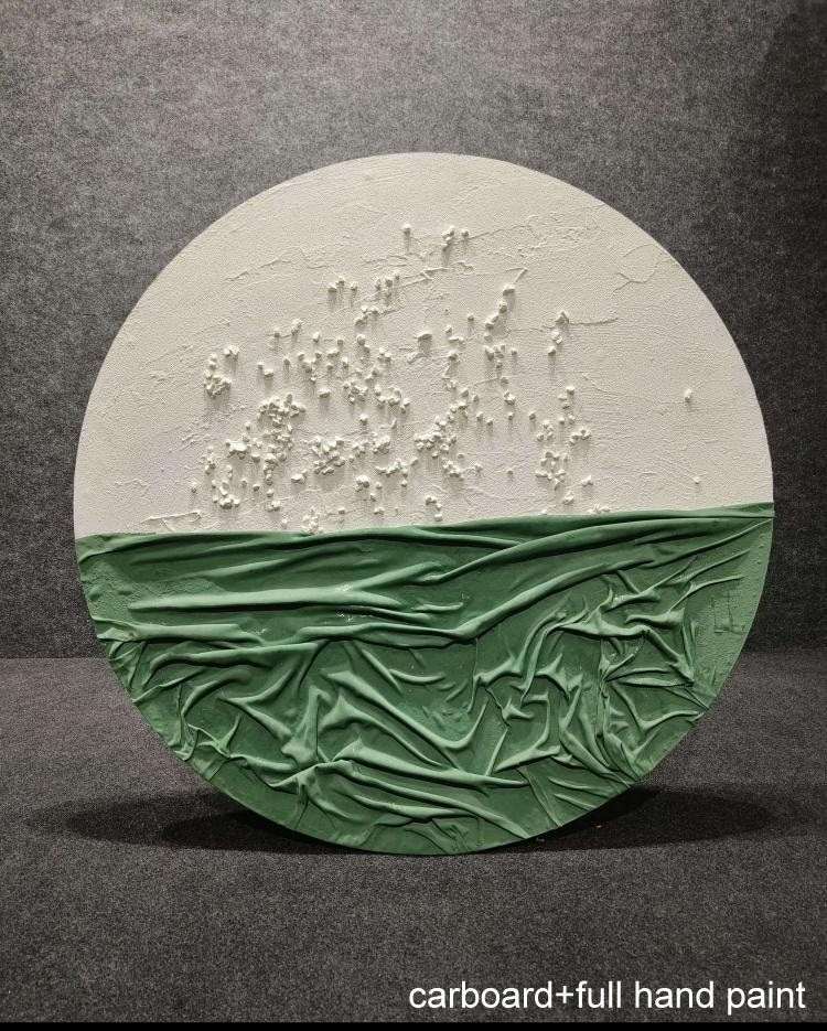 Round White & Green Draped Texture Wall Art – close-up product photo
