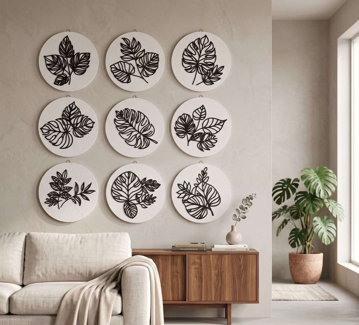 Round White Panels with Black Leaf Cut-outs – product photo of the full set