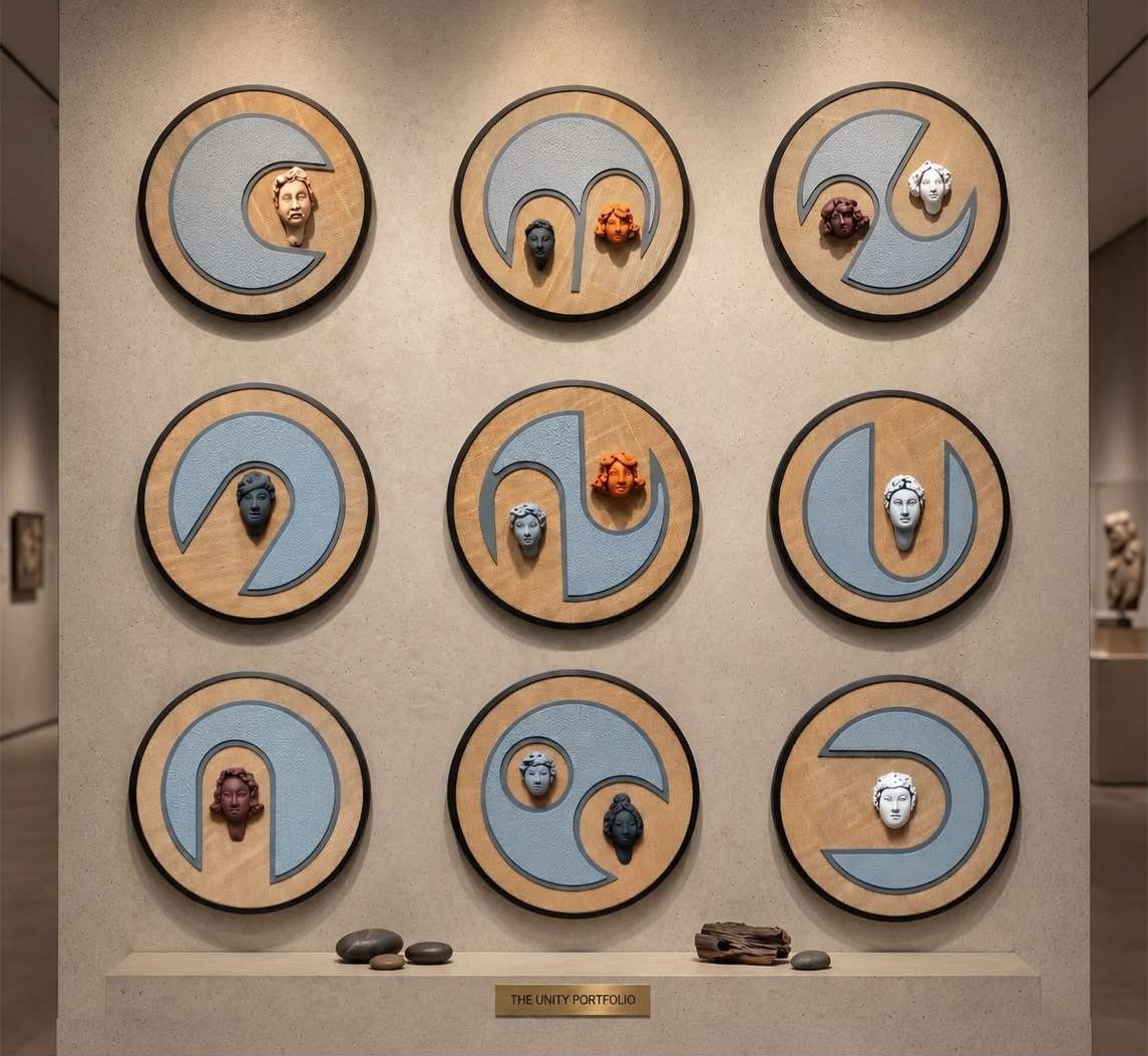 Round Wood & Blue Relief Wall Art with Sculpted Faces – product photo of the full set