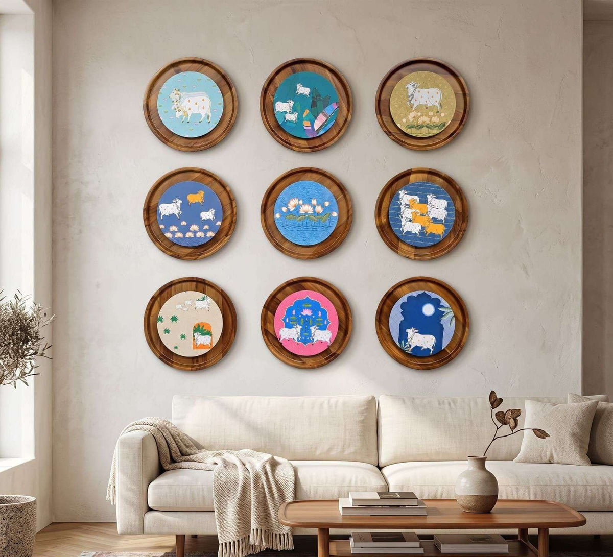 Round Wood-framed Pichwai-style Cow Paintings – product photo of the full set