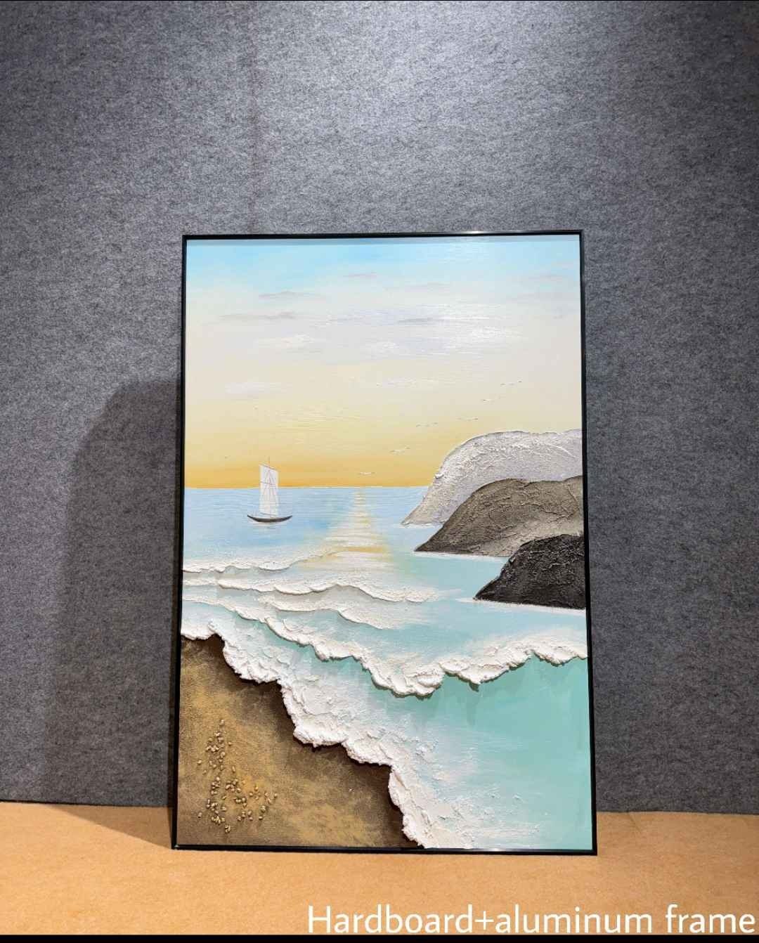 Seashore Waves with Sailboat Textured Wall Art – close-up product photo