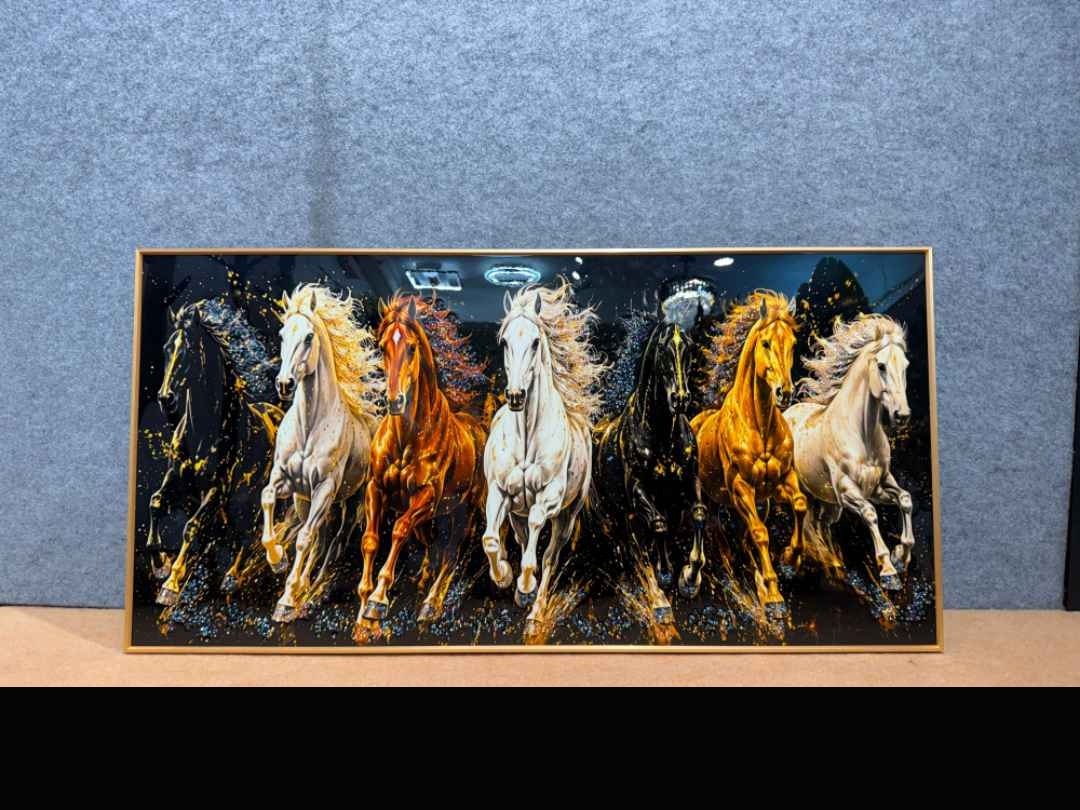 Seven Running Horses on Black with Gold Crystal Wall Art