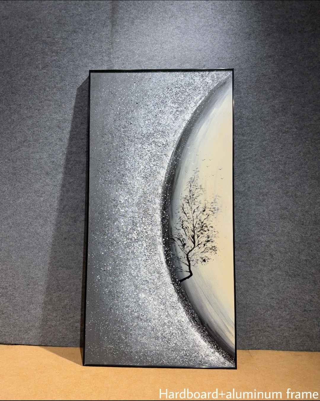 Silver Crescent with Black Tree Textured Wall Art – close-up product photo