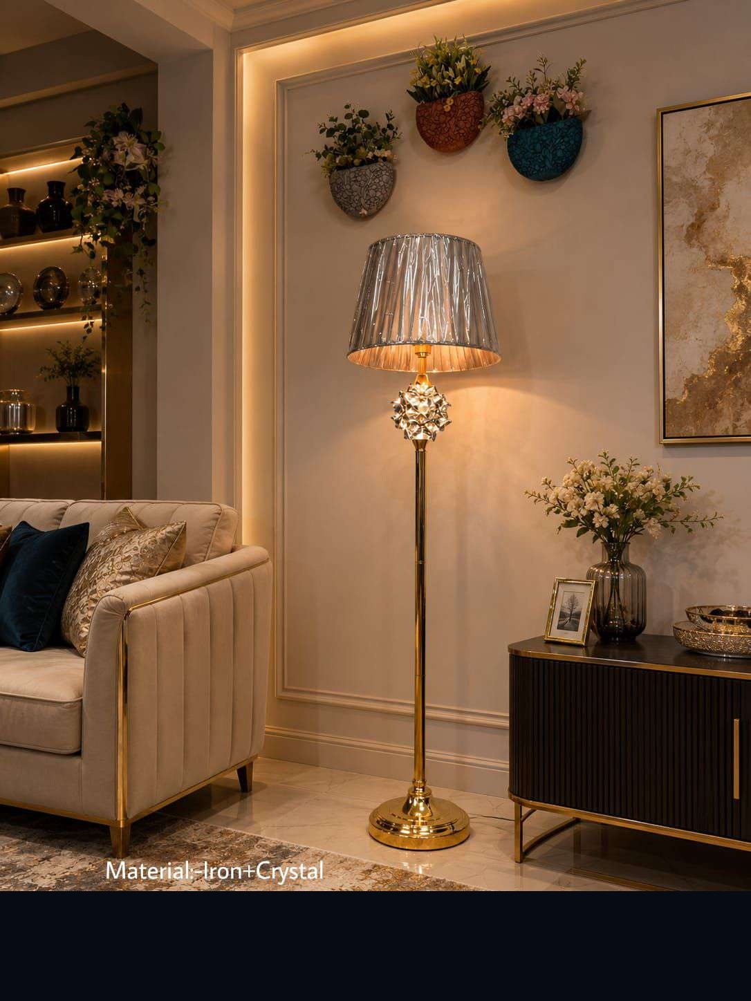 Silver Pleated Shade Floor Lamp with Crystal Ball on Gold Stand