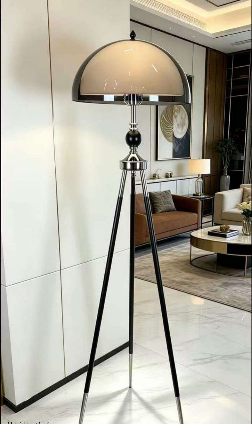Smoky White Dome Tripod Floor Lamp, Black & Chrome Legs