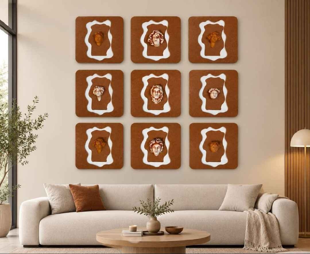 Square Brown Panels with Wavy White Border & Sculpted Faces – product photo of the full set