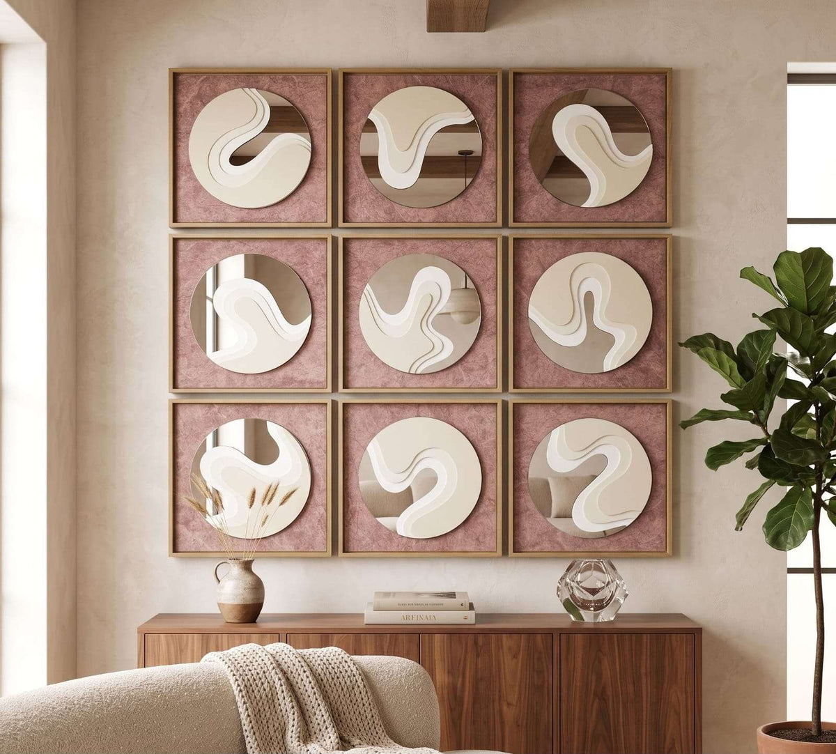 Square Pink Textured Panels with Round Mirror & Cream Wave Relief – product photo of the full set