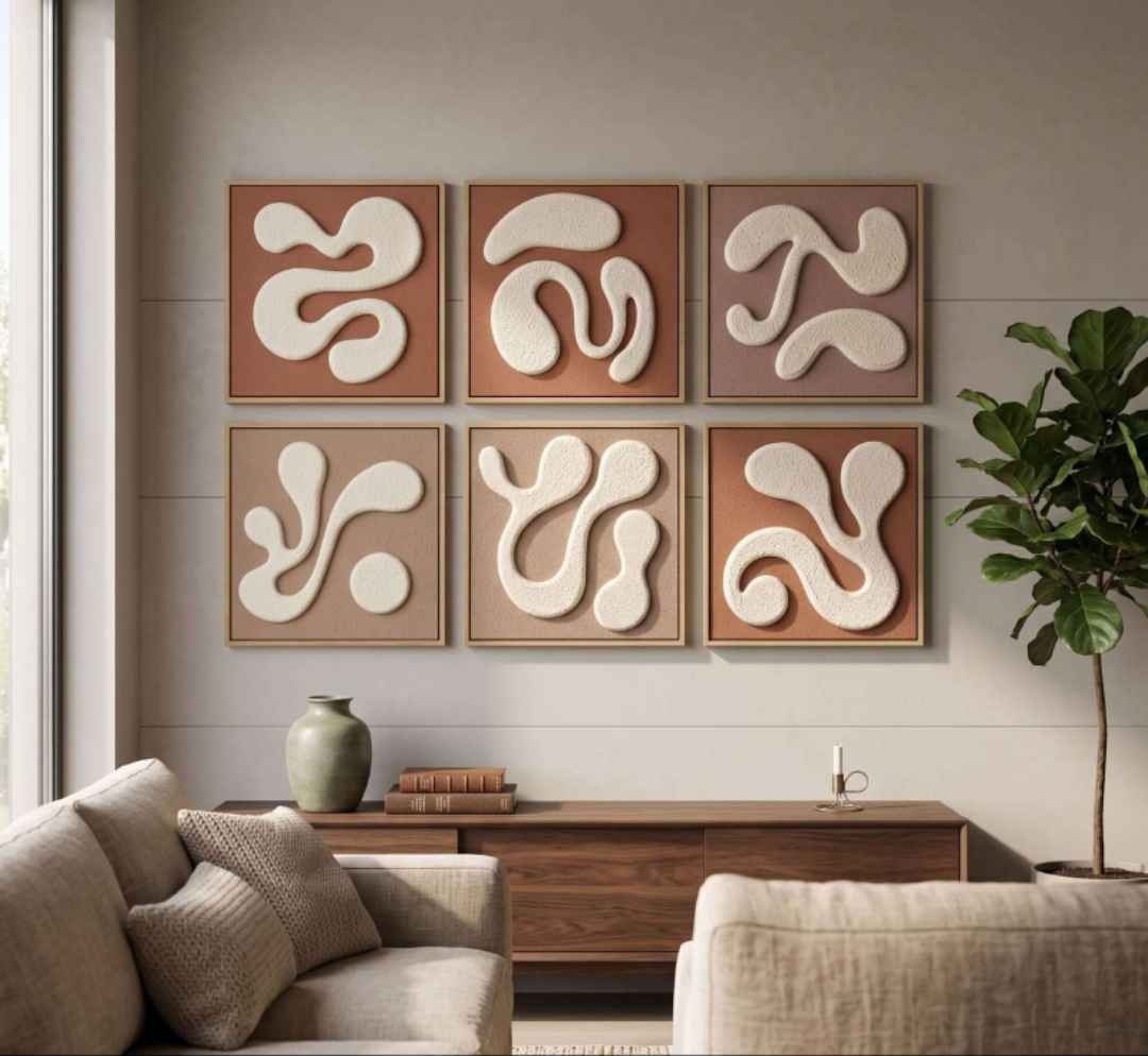 Square Terracotta Panels with White Textured Abstract Shapes – product photo of the full set
