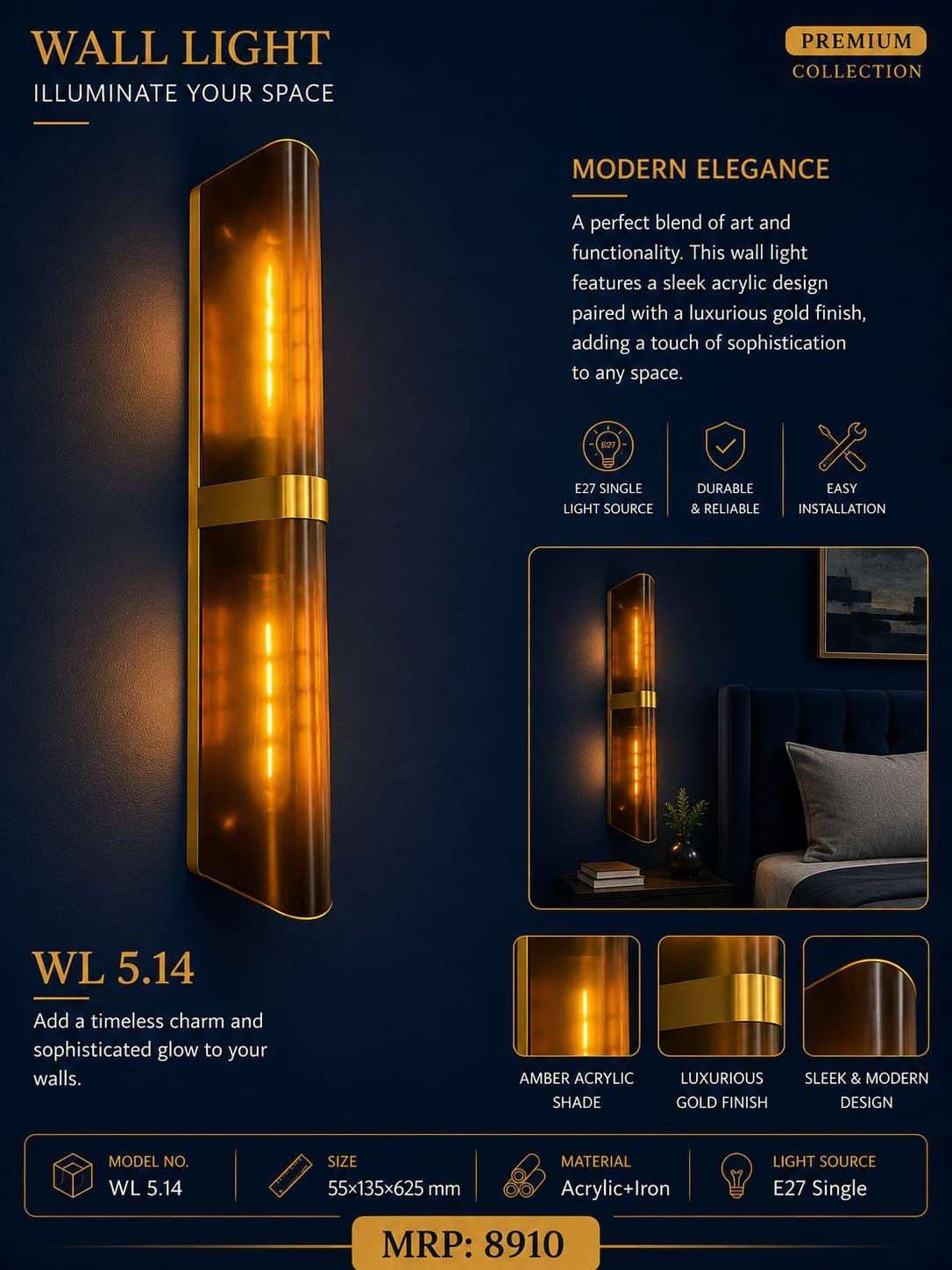 Tall Amber Acrylic Panel Wall Light with Gold Band